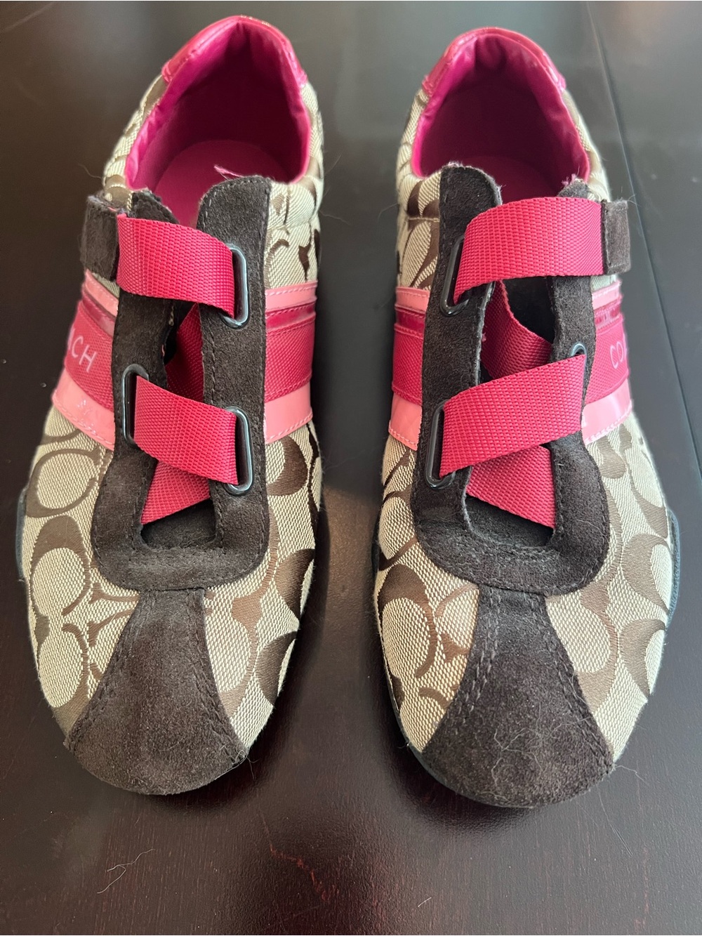 Coach Kids Brown Signature Logo Sneakers with Pink Accents